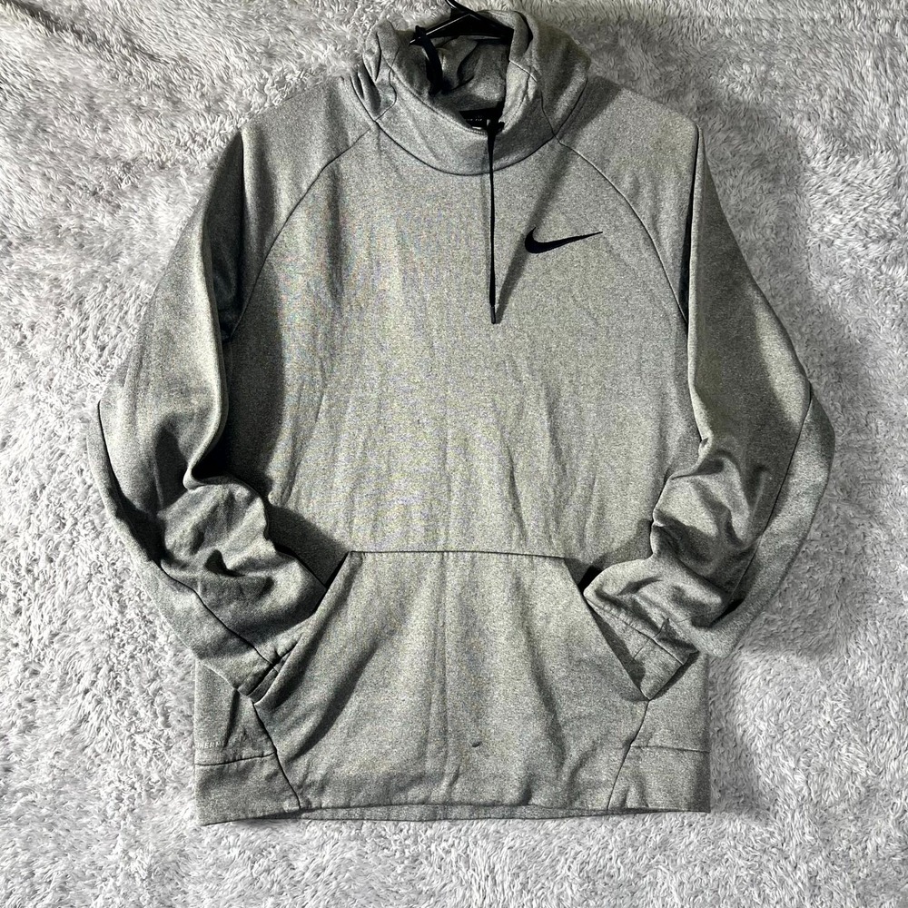 Nike Therma Fit Hoodie Mens Medium Heather Gray Fleece Lined Logo Raglan Sleeve